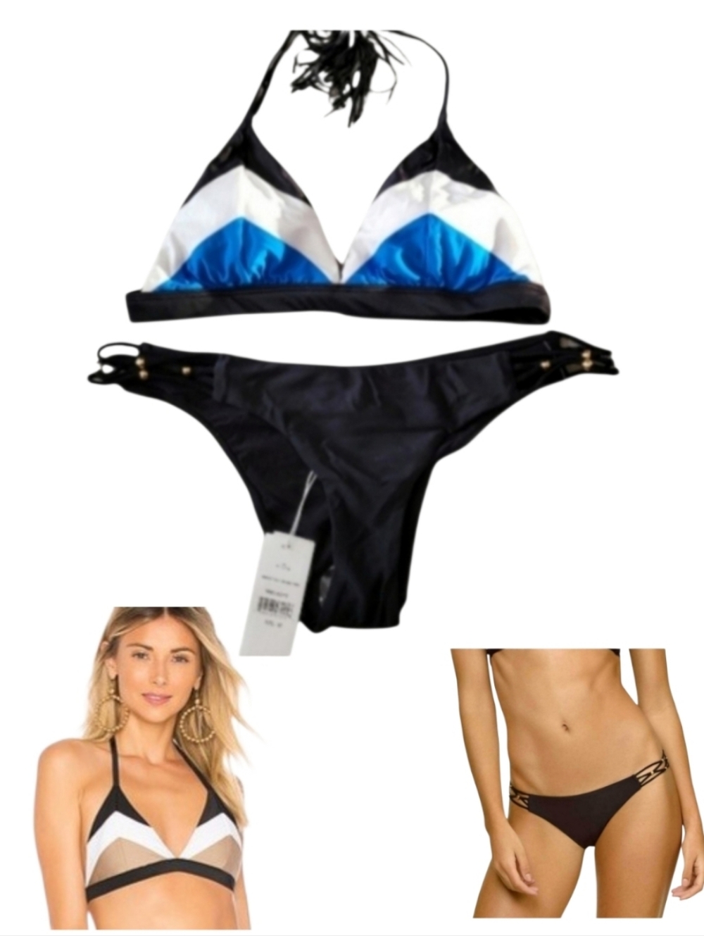 PilyQ Colorblock Triangle Halter Bikini Set M NWT Blue Black Braided Swimsuit